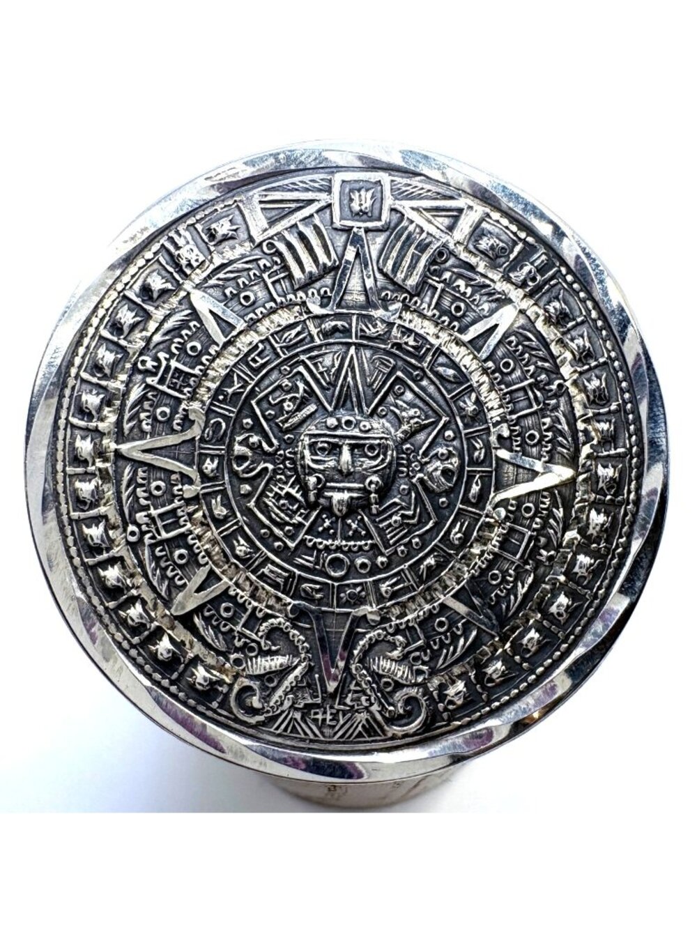 Aztec Calendar Circle Brooch Sterling Silver 925 Size 1.75" Length
